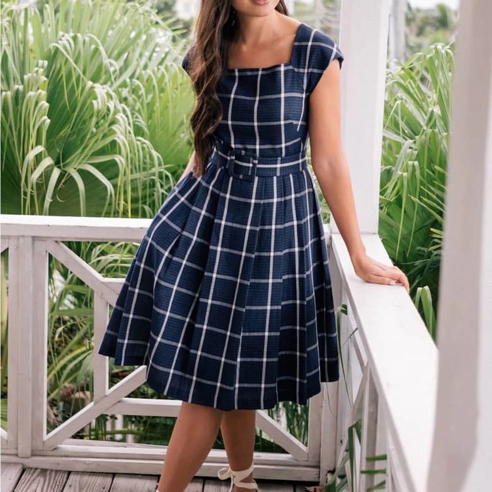 Gal Meets Glam Karen Midi Dress Size 2 Navy White Plaid Belted A-Line Pockets
